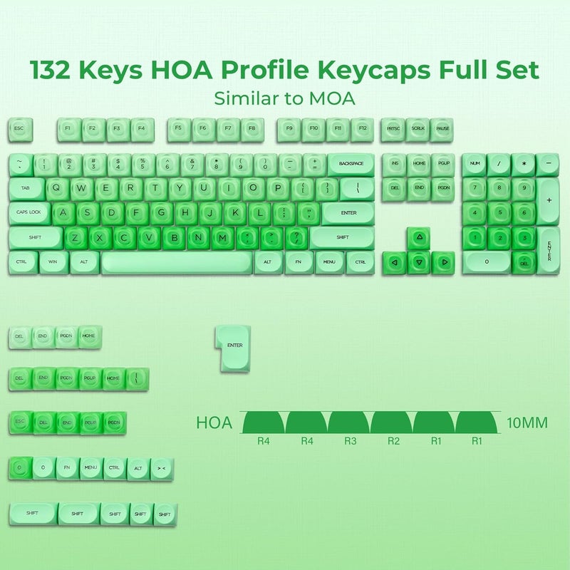OHY PBT Keycaps, XVX Green Apple Jelly HOA Profile, 132-Key Cute Custom Keycaps (for Mechanical Keyboards with Cherry/Gateron MX Switches)-Apple Green - Image 3
